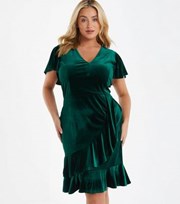 QUIZ Curves Dark Green Velvet V Neck Short Sleeve Frill Hem Mini Dress
